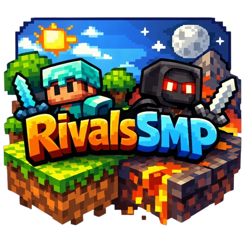RivalsSMP artwork: a diamond-armoured player and a dark knight above grass and lava islands